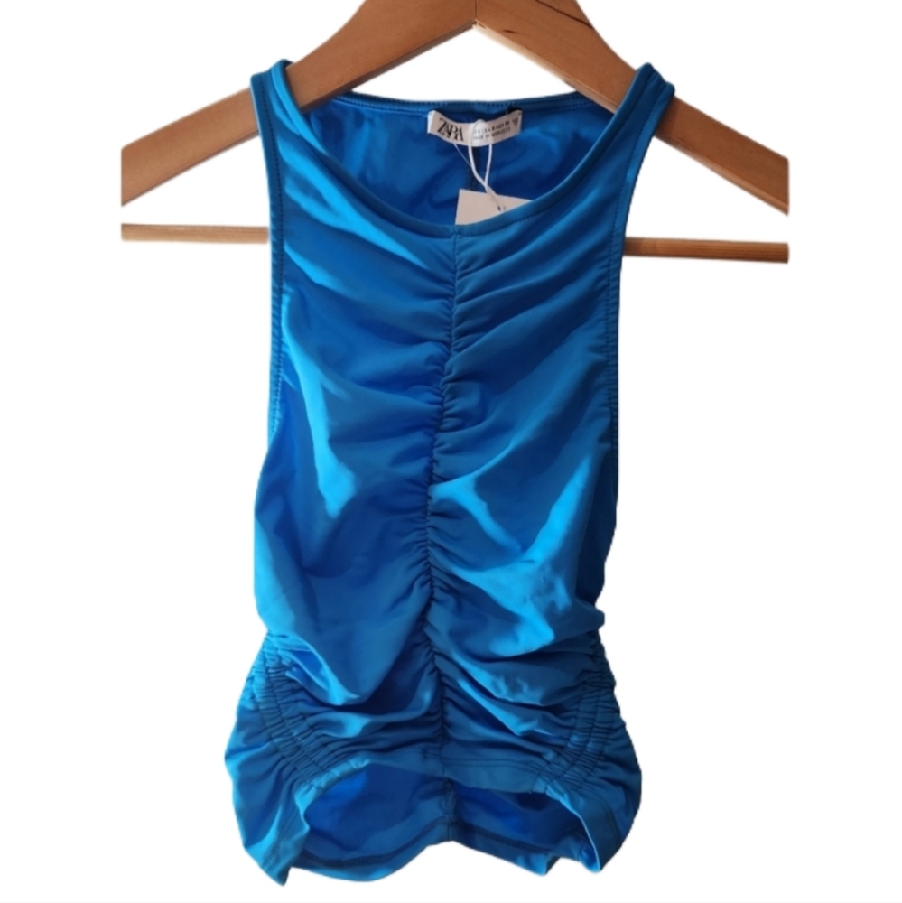 Zara Small Blue Ruched Sleeveless Tank, Scrunched Look